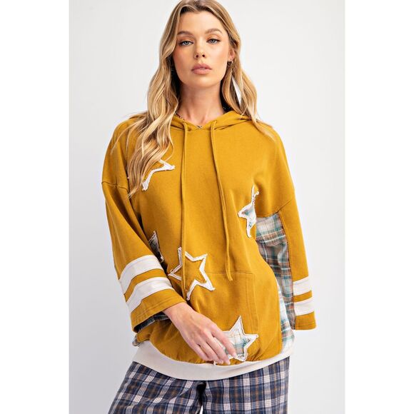 1007 EASEL Large Mustard Star Patch Mineral Washed Hoodie Pullover Sweatshirt - Picture 2 of 5